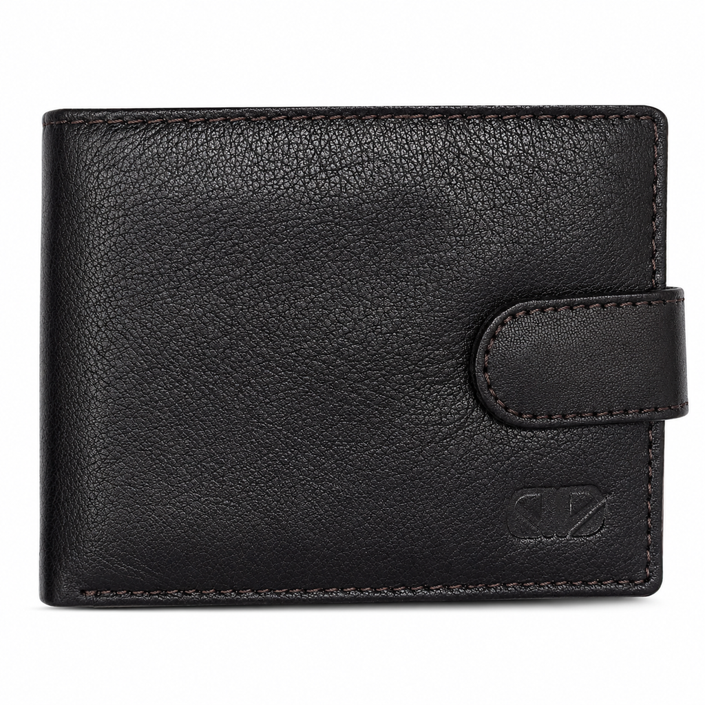 Men’s Genuine Leather Bifold Wallet with Snap Closure – Premium Black Leather Wallet for Men