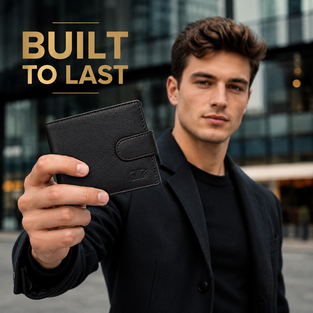 Men’s Genuine Leather Bifold Wallet with Snap Closure – Premium Black Leather Wallet for Men
