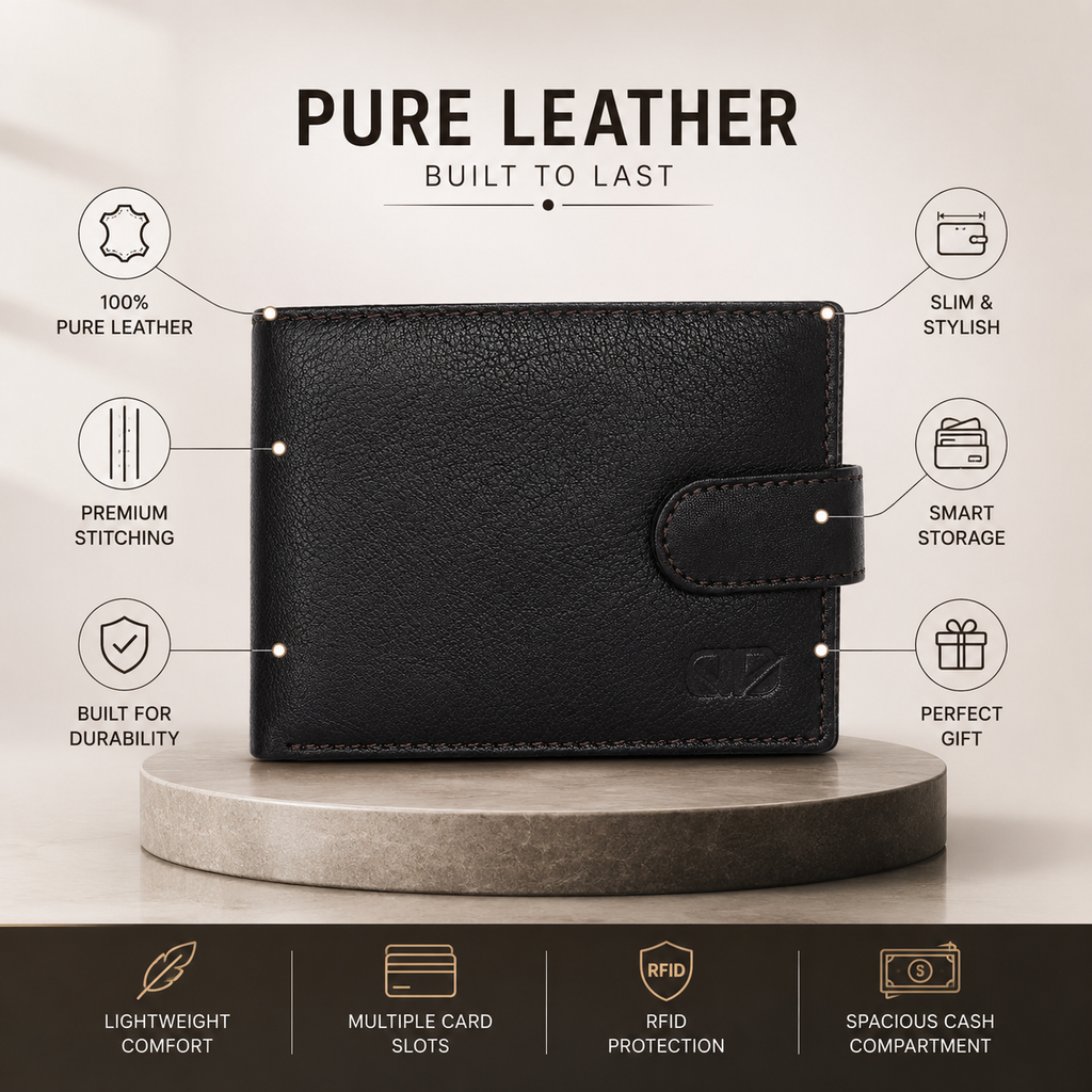 Men’s Genuine Leather Bifold Wallet with Snap Closure – Premium Black Leather Wallet for Men