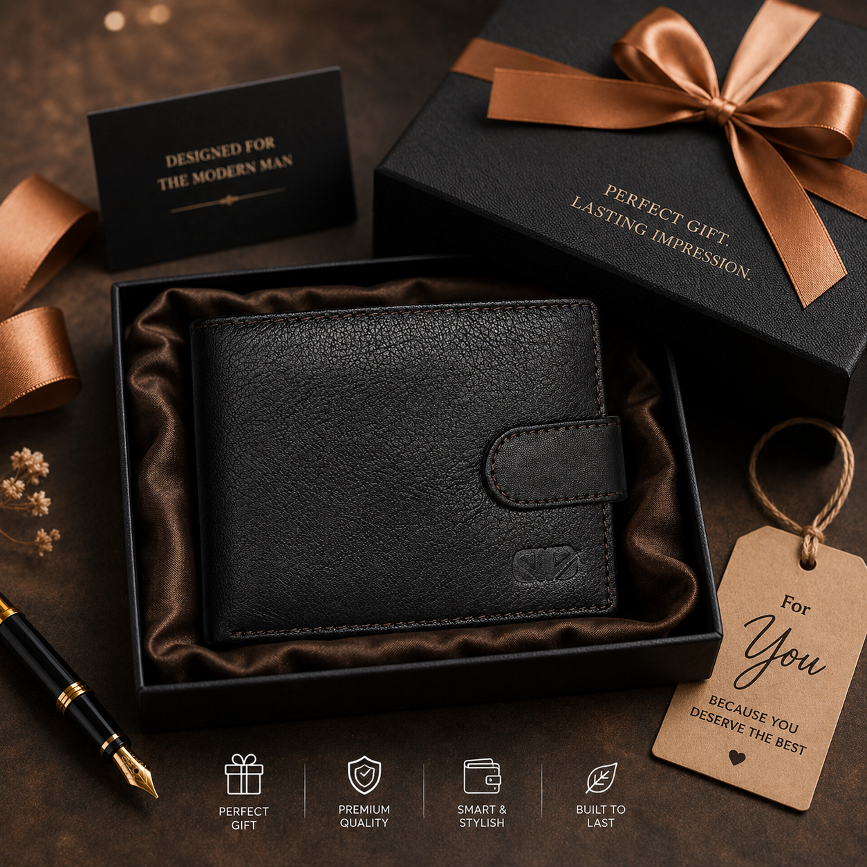 Men’s Genuine Leather Bifold Wallet with Snap Closure – Premium Black Leather Wallet for Men