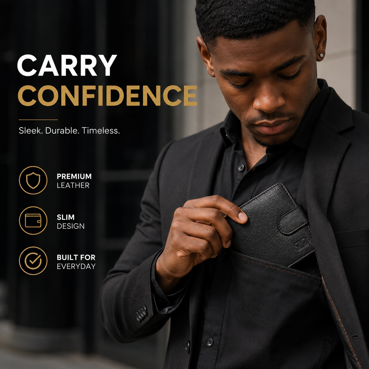 Men’s Genuine Leather Bifold Wallet with Snap Closure – Premium Black Leather Wallet for Men