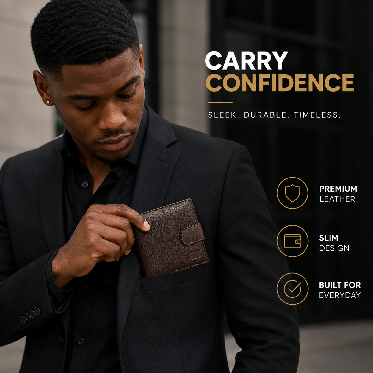 Men’s Genuine Leather Bifold Wallet – Dark Brown Classic Wallet with Snap Closure, Multiple Card Slots & Large Capacity