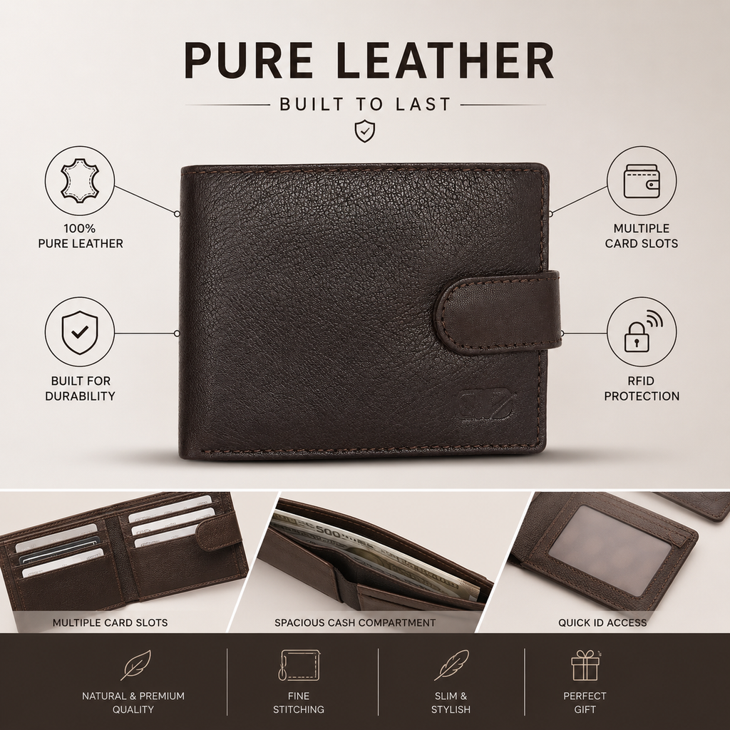 Men’s Genuine Leather Bifold Wallet – Dark Brown Classic Wallet with Snap Closure, Multiple Card Slots & Large Capacity