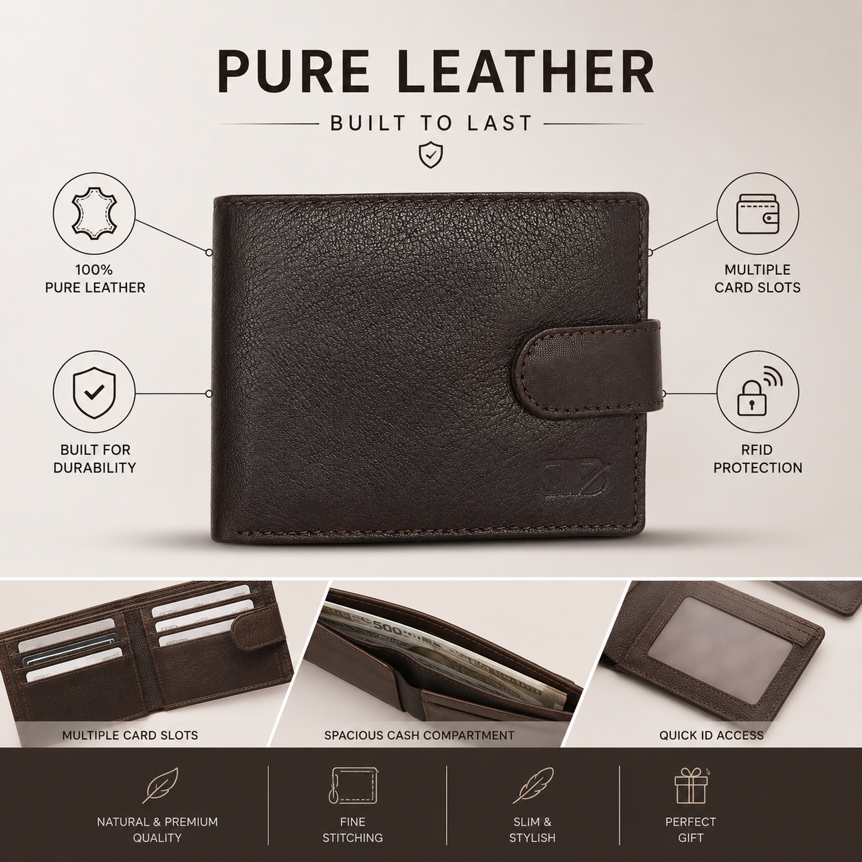 Men’s Genuine Leather Bifold Wallet – Dark Brown Classic Wallet with Snap Closure, Multiple Card Slots & Large Capacity