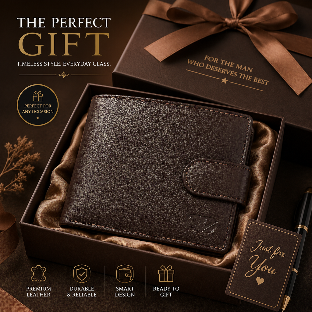 Men’s Genuine Leather Bifold Wallet – Dark Brown Classic Wallet with Snap Closure, Multiple Card Slots & Large Capacity