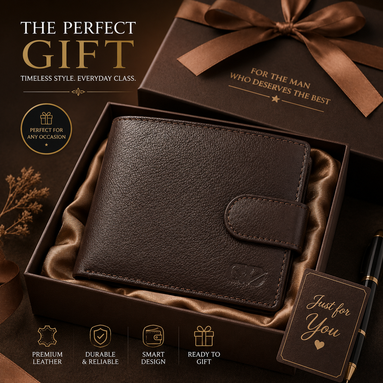 Men’s Genuine Leather Bifold Wallet – Dark Brown Classic Wallet with Snap Closure, Multiple Card Slots & Large Capacity