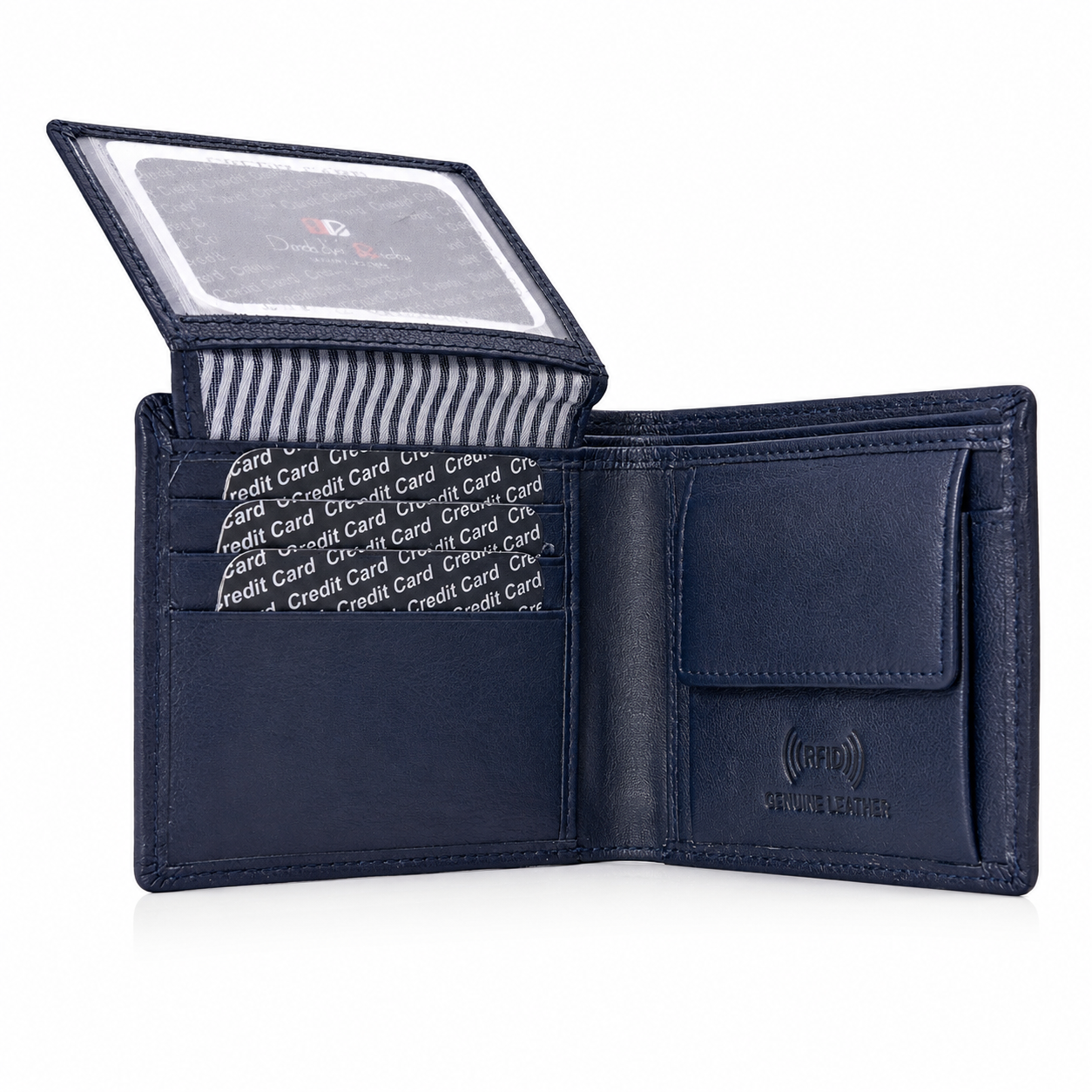 Men’s Genuine Leather RFID Blocking Bifold Wallet with ID Window, Coin Pocket & Multiple Card Slots – Navy Blue