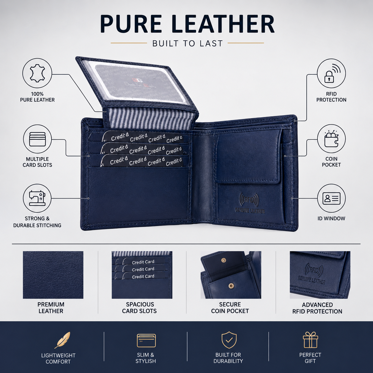 Men’s Genuine Leather RFID Blocking Bifold Wallet with ID Window, Coin Pocket & Multiple Card Slots – Navy Blue