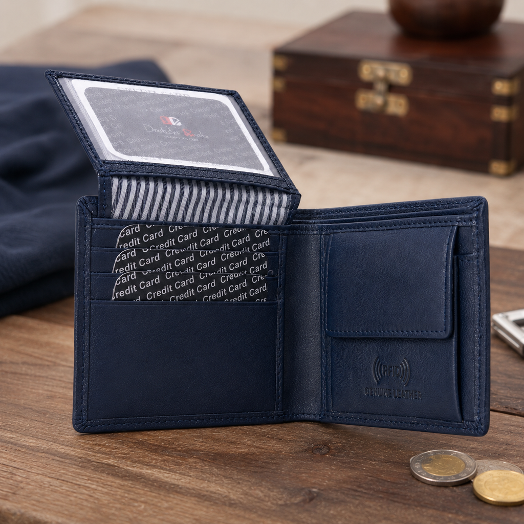 Men’s Genuine Leather RFID Blocking Bifold Wallet with ID Window, Coin Pocket & Multiple Card Slots – Navy Blue