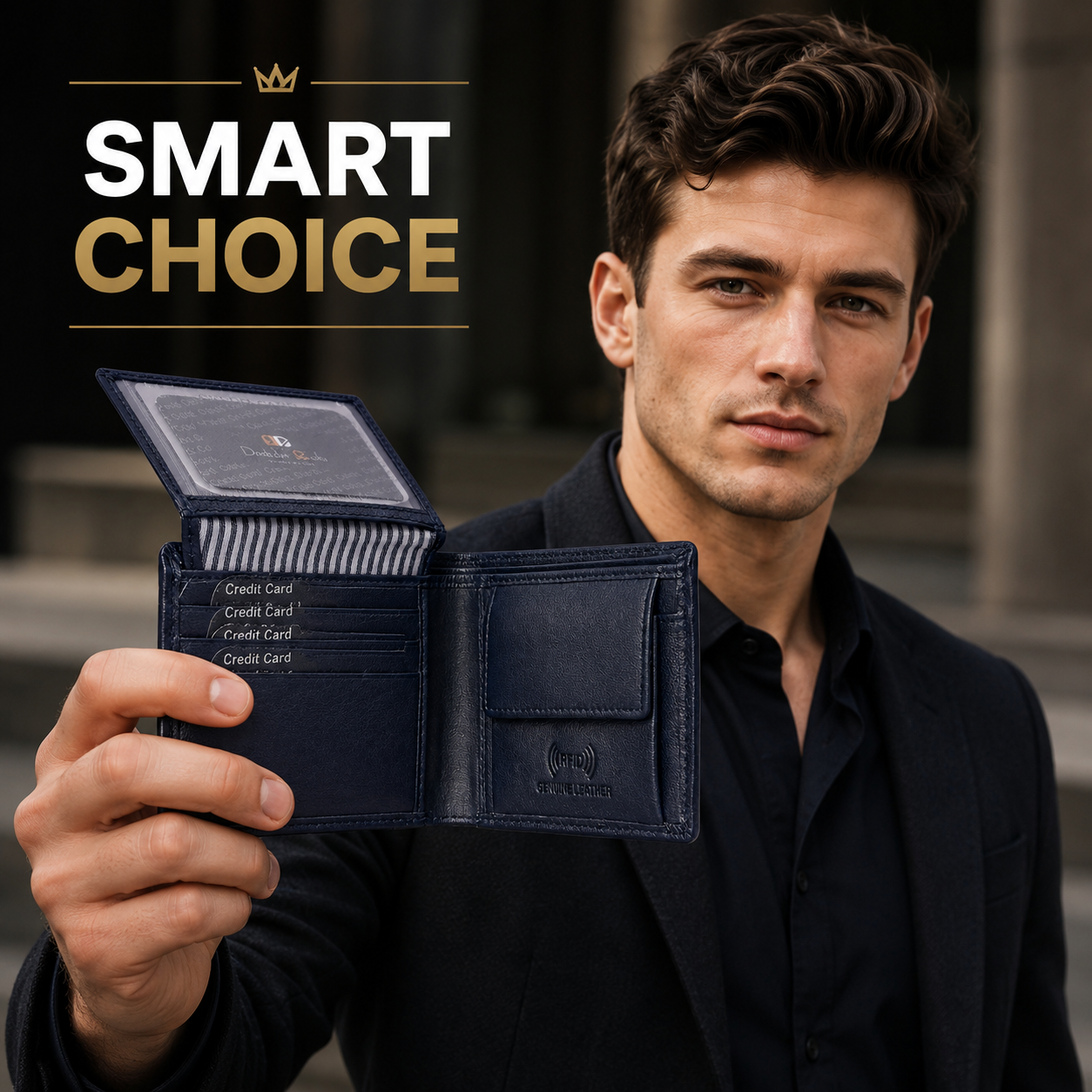 Men’s Genuine Leather RFID Blocking Bifold Wallet with ID Window, Coin Pocket & Multiple Card Slots – Navy Blue