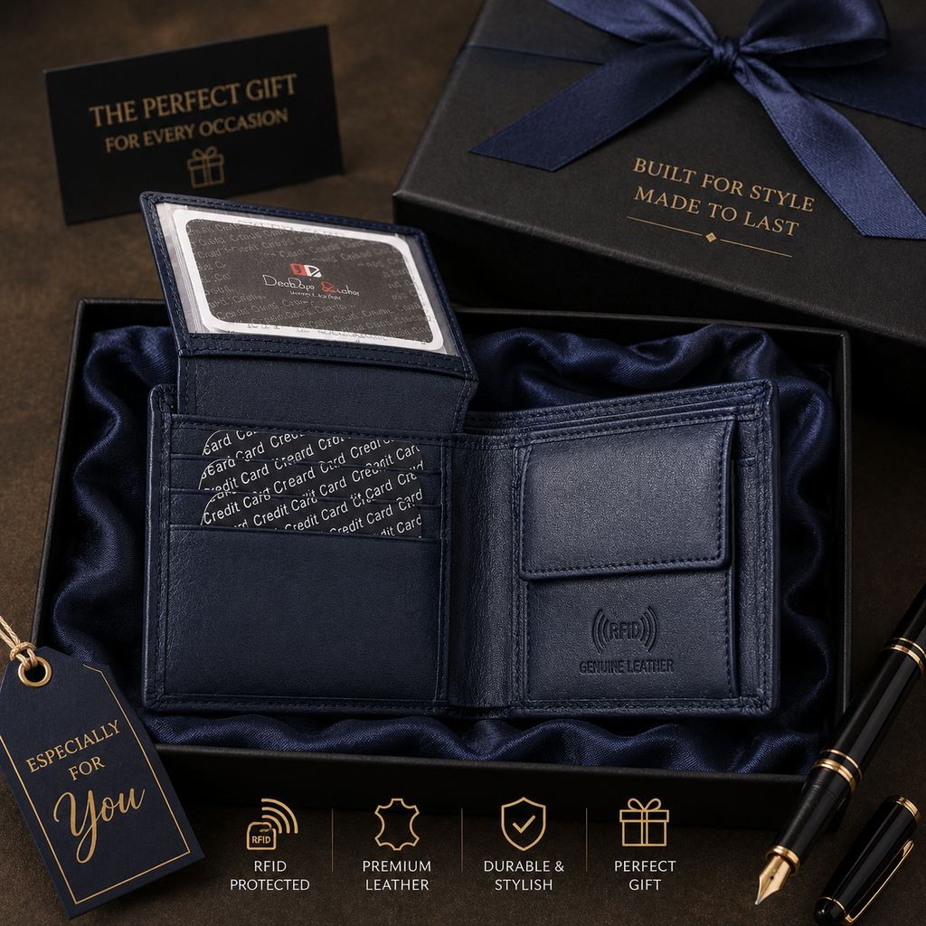 Men’s Genuine Leather RFID Blocking Bifold Wallet with ID Window, Coin Pocket & Multiple Card Slots – Navy Blue