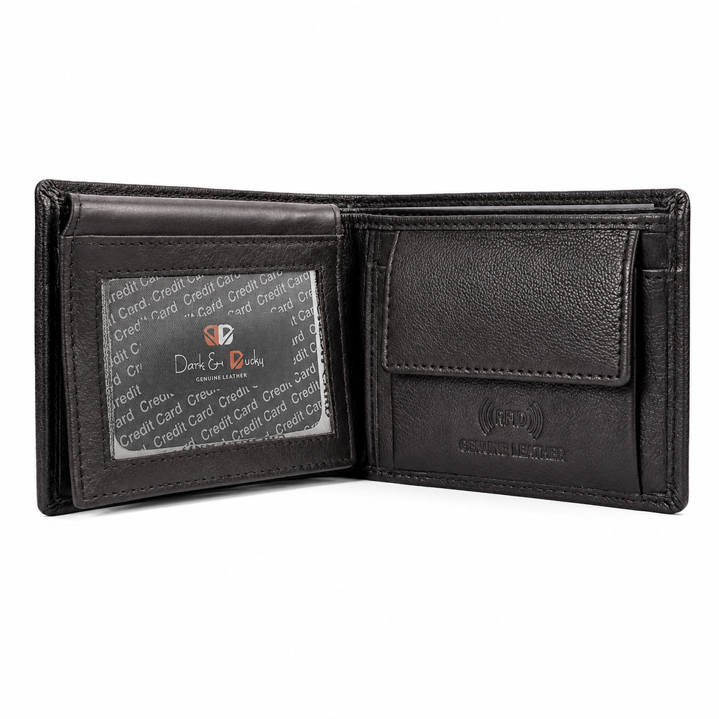 Men’s Genuine Leather RFID Blocking Bifold Wallet with ID Window, Coin Pocket & Multiple Card Slots – Black
