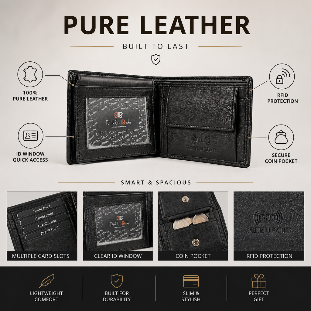 Men’s Genuine Leather RFID Blocking Bifold Wallet with ID Window, Coin Pocket & Multiple Card Slots – Black