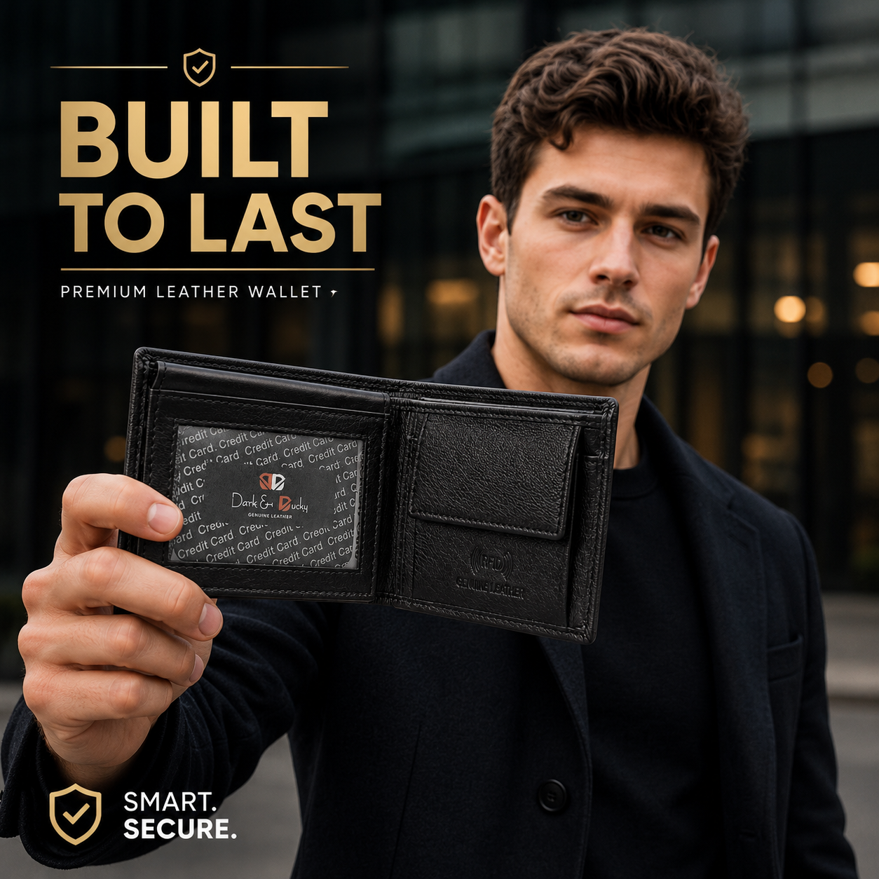 Men’s Genuine Leather RFID Blocking Bifold Wallet with ID Window, Coin Pocket & Multiple Card Slots – Black