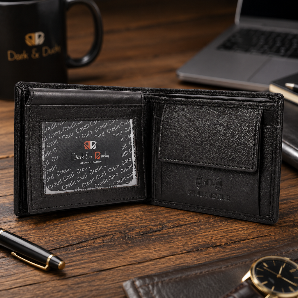 Men’s Genuine Leather RFID Blocking Bifold Wallet with ID Window, Coin Pocket & Multiple Card Slots – Black