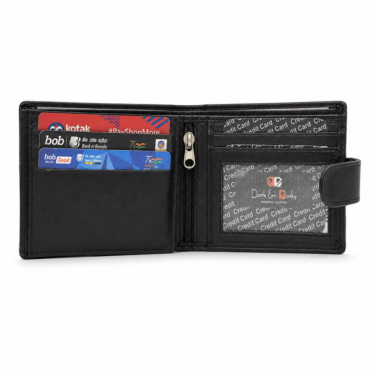 Men’s Genuine Leather Bifold Wallet with ID Window, Zipper Coin Pocket & Snap Closure – Black Large Capacity Wallet for Me
