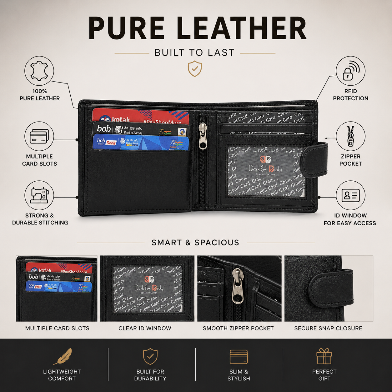 Men’s Genuine Leather Bifold Wallet with ID Window, Zipper Coin Pocket & Snap Closure – Black Large Capacity Wallet for Me