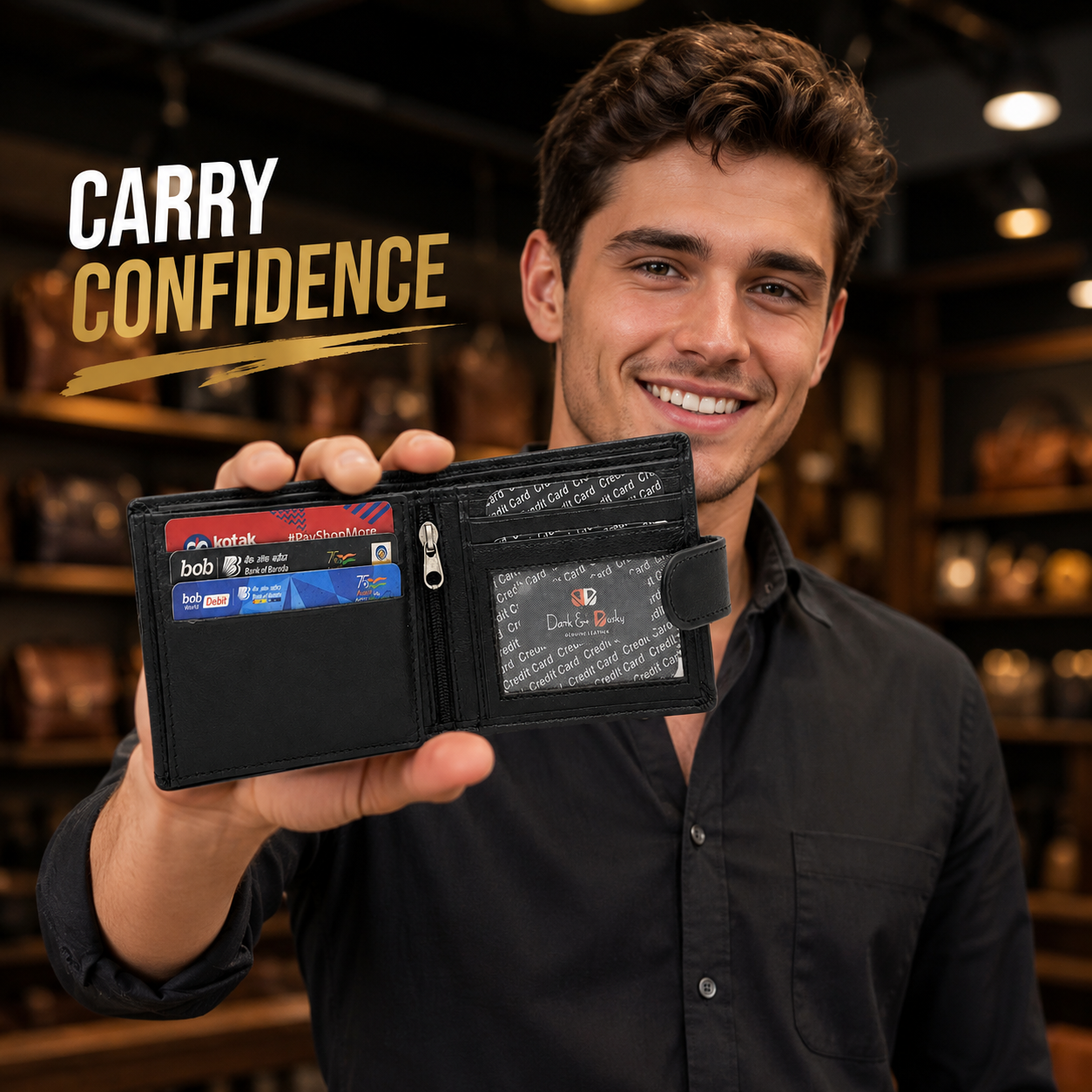 Men’s Genuine Leather Bifold Wallet with ID Window, Zipper Coin Pocket & Snap Closure – Black Large Capacity Wallet for Me