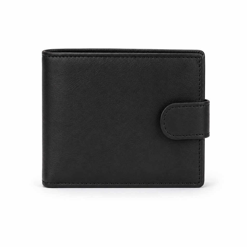 Men’s Genuine Leather Bifold Wallet with ID Window, Zipper Coin Pocket & Snap Closure – Black Large Capacity Wallet for Me