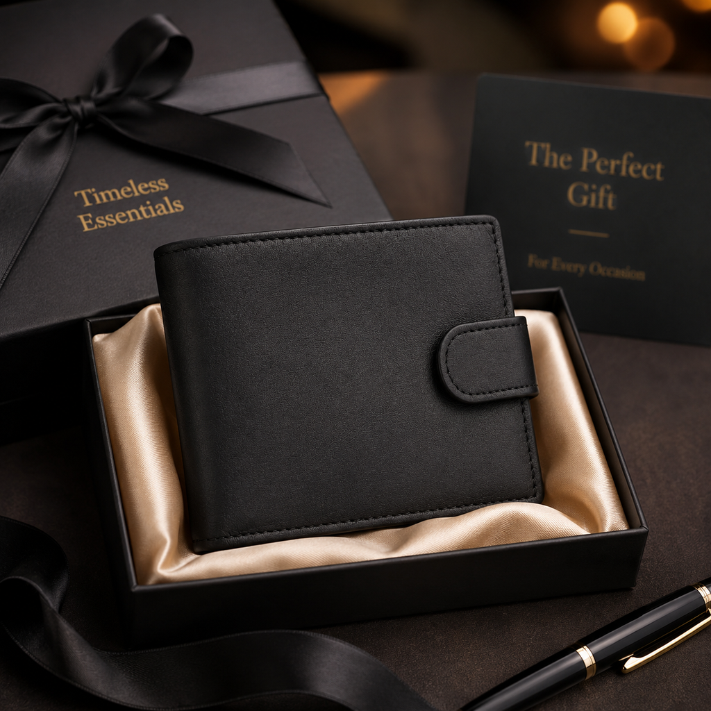 Men’s Genuine Leather Bifold Wallet with ID Window, Zipper Coin Pocket & Snap Closure – Black Large Capacity Wallet for Me