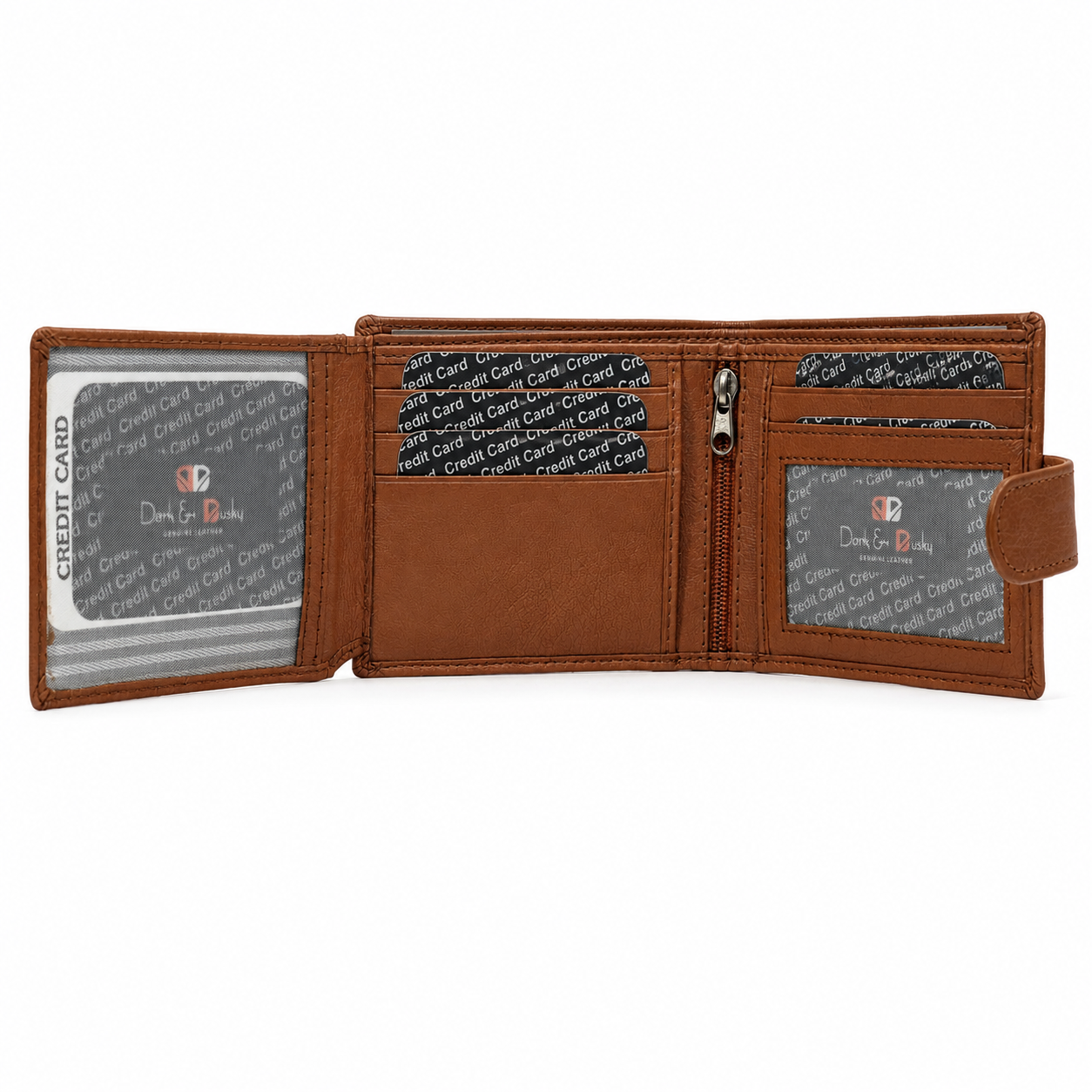 Men’s Brown Leather Wallet with ID Window & Zipper Pocket – Large Capacity Bifold Card Holder Wallet with Multiple Card Slots & Snap Closure