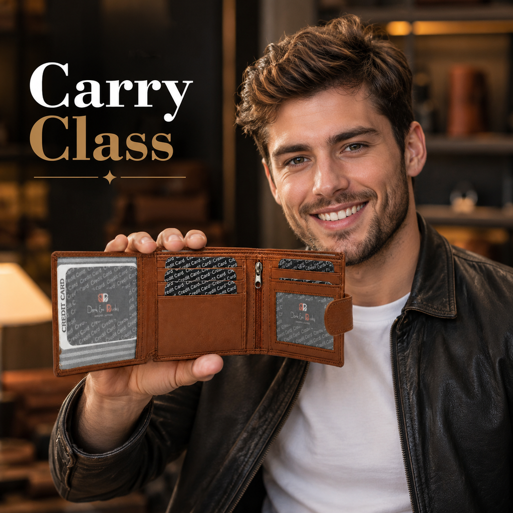 Men’s Brown Leather Wallet with ID Window & Zipper Pocket – Large Capacity Bifold Card Holder Wallet with Multiple Card Slots & Snap Closure