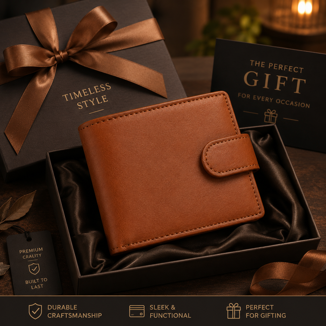 Men’s Brown Leather Wallet with ID Window & Zipper Pocket – Large Capacity Bifold Card Holder Wallet with Multiple Card Slots & Snap Closure