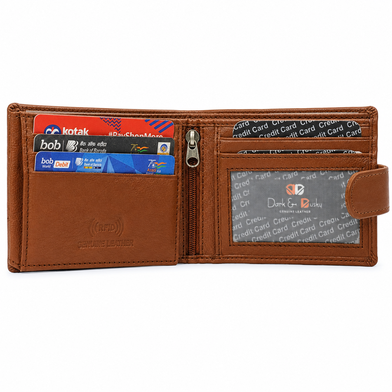 Men’s Genuine Leather RFID Blocking Bifold Wallet with ID Window, Zipper Pocket & Multiple Card Slots – Brown Leather Wallet for Men