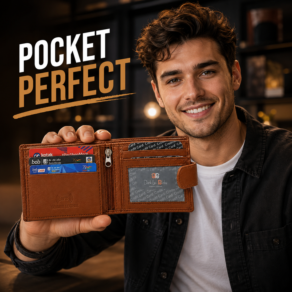 Men’s Genuine Leather RFID Blocking Bifold Wallet with ID Window, Zipper Pocket & Multiple Card Slots – Brown Leather Wallet for Men