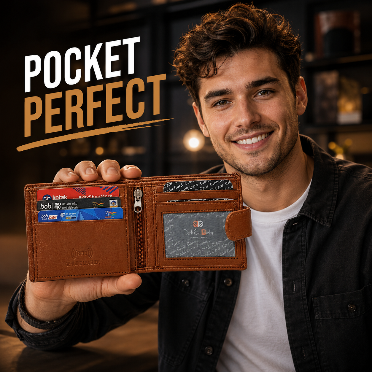 Men’s Genuine Leather RFID Blocking Bifold Wallet with ID Window, Zipper Pocket & Multiple Card Slots – Brown Leather Wallet for Men