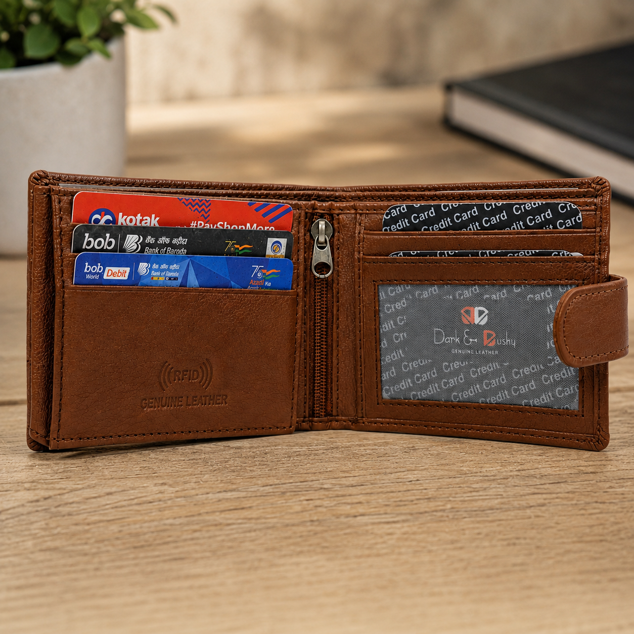 Men’s Genuine Leather RFID Blocking Bifold Wallet with ID Window, Zipper Pocket & Multiple Card Slots – Brown Leather Wallet for Men