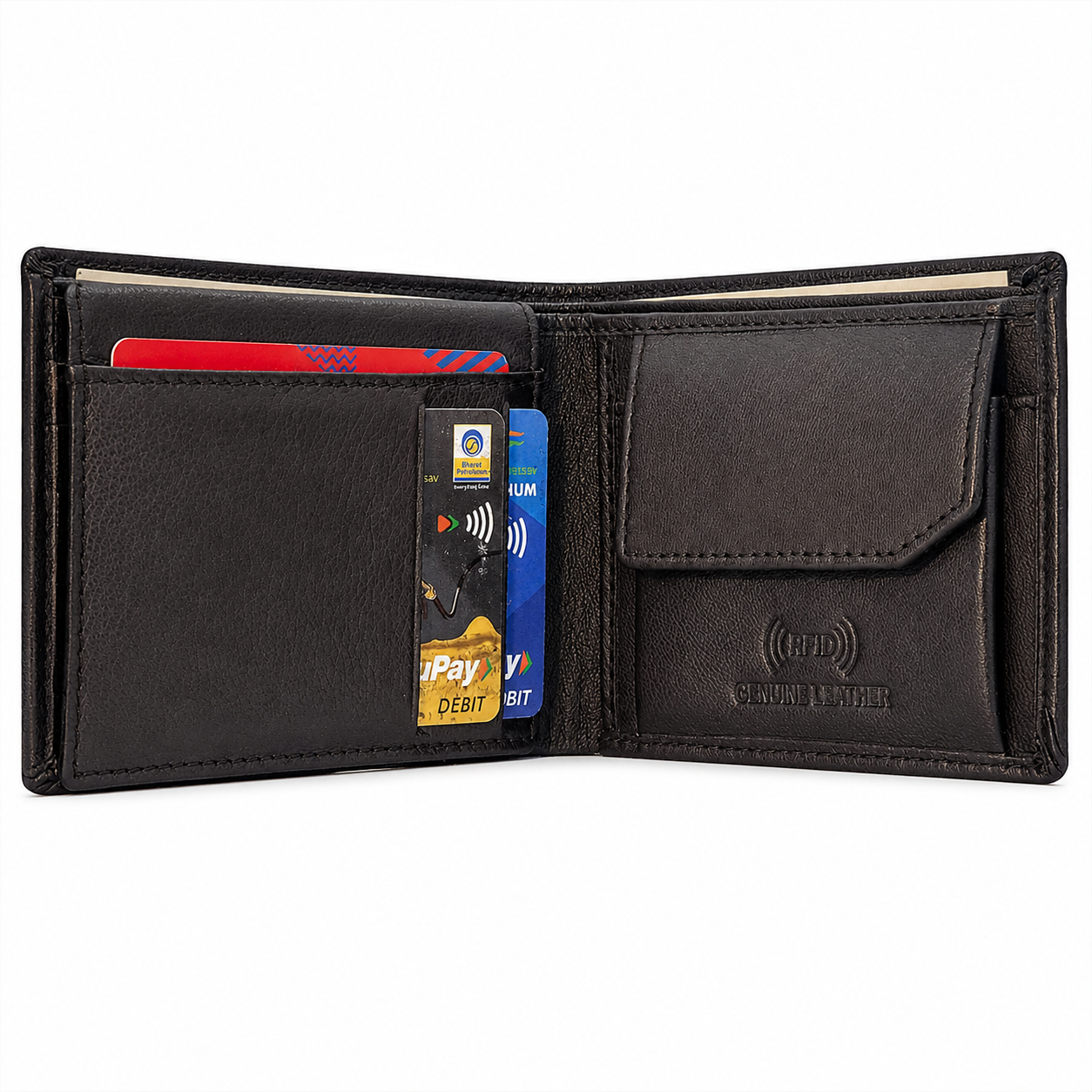 Men’s Genuine Leather RFID Bifold Wallet with Coin Pocket & Multiple Card Slots – Slim Black Leather Wallet for Men