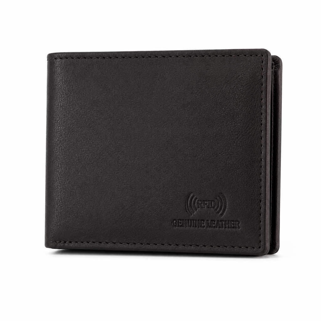 Men’s Genuine Leather RFID Bifold Wallet with Coin Pocket & Multiple Card Slots – Slim Black Leather Wallet for Men