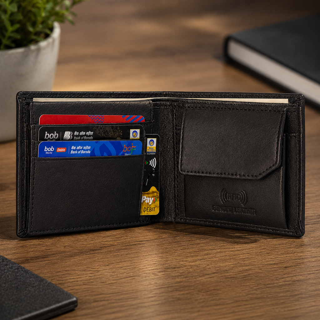 Men’s Genuine Leather RFID Bifold Wallet with Coin Pocket & Multiple Card Slots – Slim Black Leather Wallet for Men
