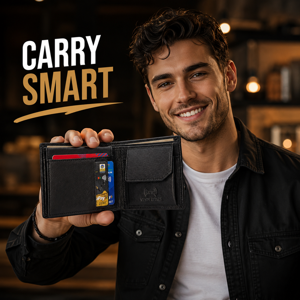 Men’s Genuine Leather RFID Bifold Wallet with Coin Pocket & Multiple Card Slots – Slim Black Leather Wallet for Men