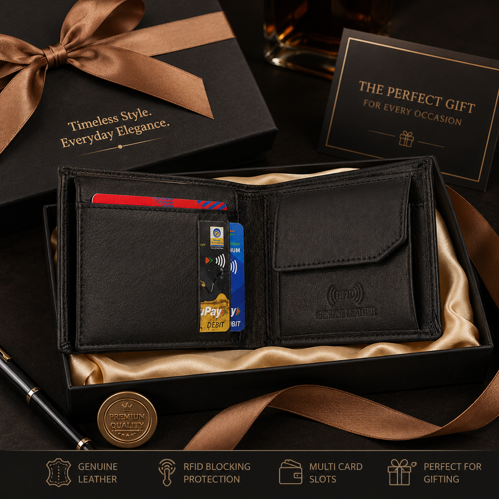 Men’s Genuine Leather RFID Bifold Wallet with Coin Pocket & Multiple Card Slots – Slim Black Leather Wallet for Men