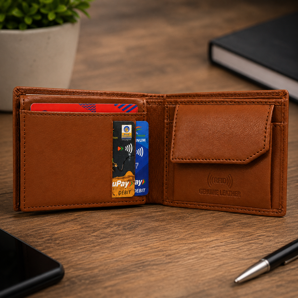 Men’s Genuine Leather Bifold Wallet with RFID Blocking, Coin Pocket & Multiple Card Slots – Brown Leather Wallet for Men
