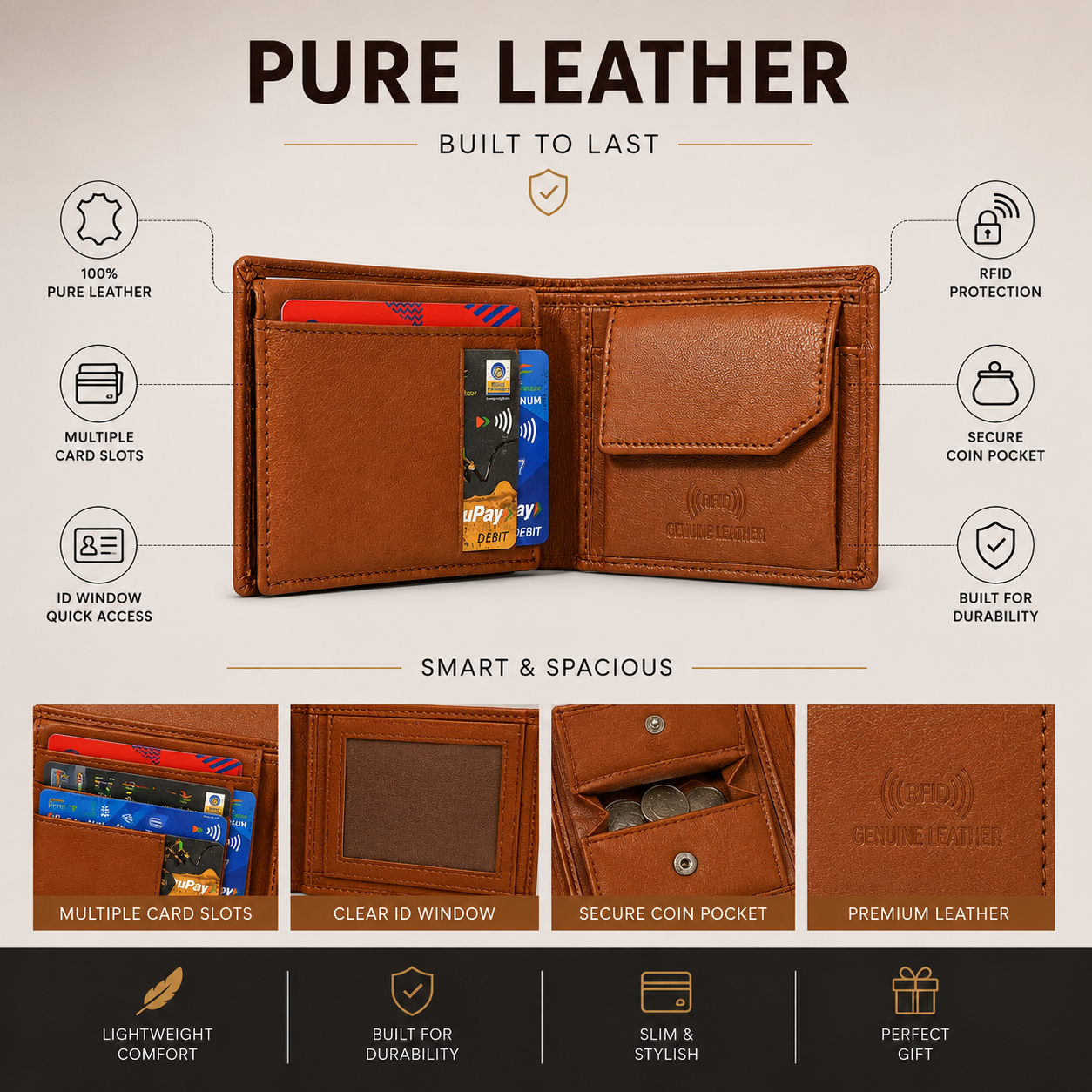 Men’s Genuine Leather Bifold Wallet with RFID Blocking, Coin Pocket & Multiple Card Slots – Brown Leather Wallet for Men