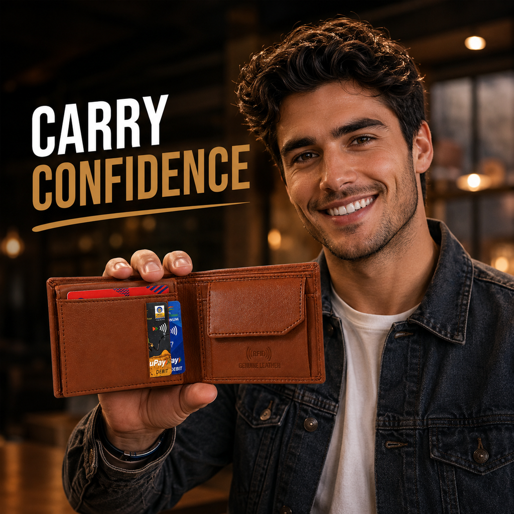 Men’s Genuine Leather Bifold Wallet with RFID Blocking, Coin Pocket & Multiple Card Slots – Brown Leather Wallet for Men