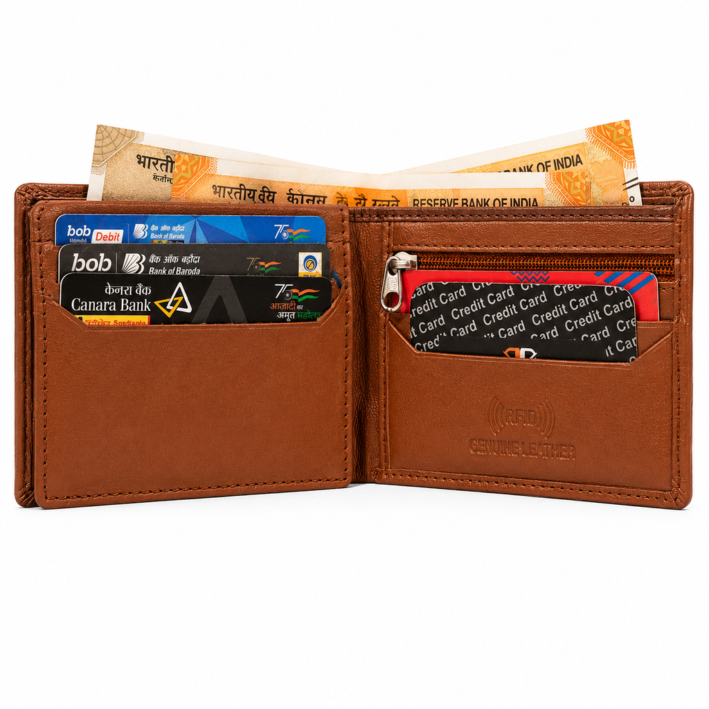 Men’s Genuine Leather RFID Bifold Wallet – Brown Leather Wallet for Men with Zipper Coin Pocket, Multiple Card Slots & Large Capacity
