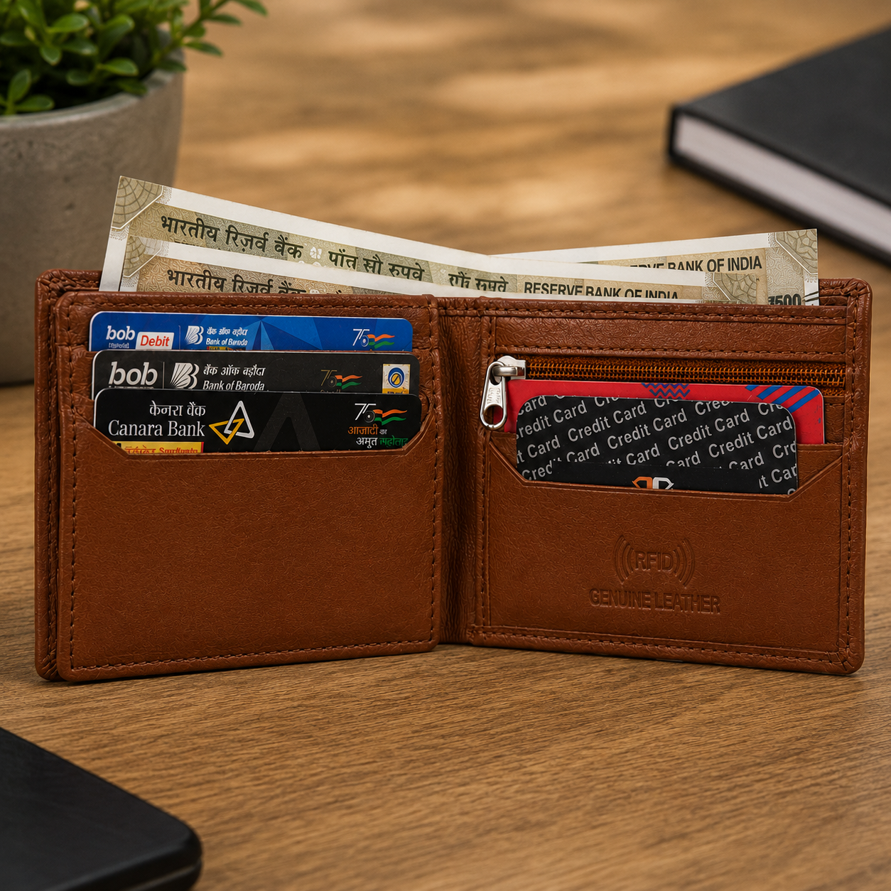 Men’s Genuine Leather RFID Bifold Wallet – Brown Leather Wallet for Men with Zipper Coin Pocket, Multiple Card Slots & Large Capacity