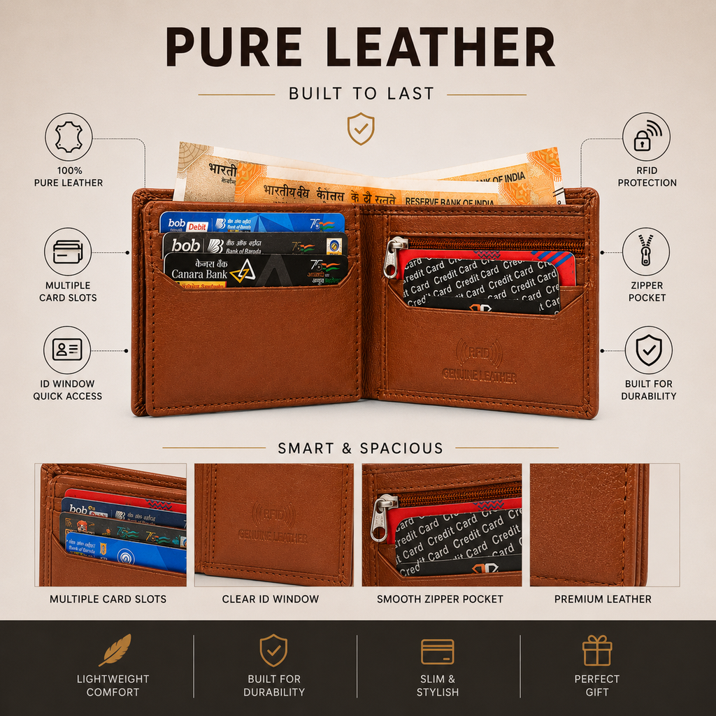Men’s Genuine Leather RFID Bifold Wallet – Brown Leather Wallet for Men with Zipper Coin Pocket, Multiple Card Slots & Large Capacity