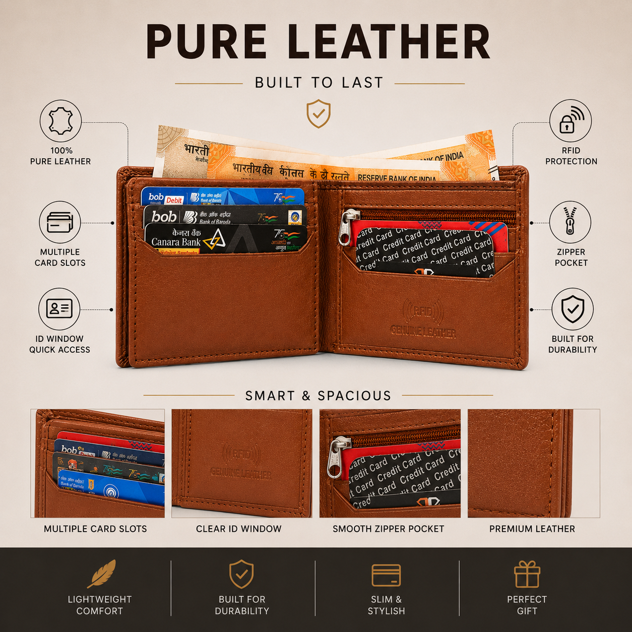 Men’s Genuine Leather RFID Bifold Wallet – Brown Leather Wallet for Men with Zipper Coin Pocket, Multiple Card Slots & Large Capacity