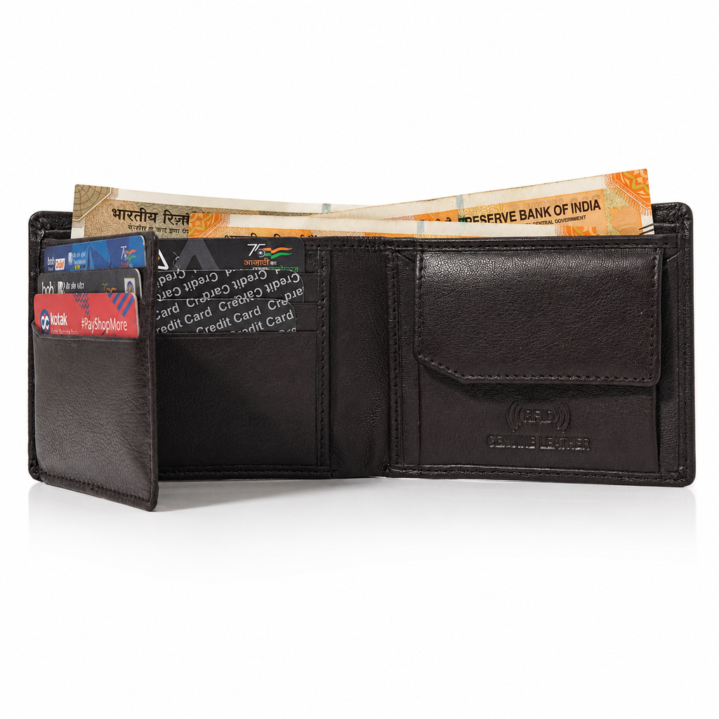 Men’s Genuine Leather Bifold Wallet with RFID Blocking, Coin Pocket, Multiple Card Slots & Large Capacity – Black Leather Wallet for Men