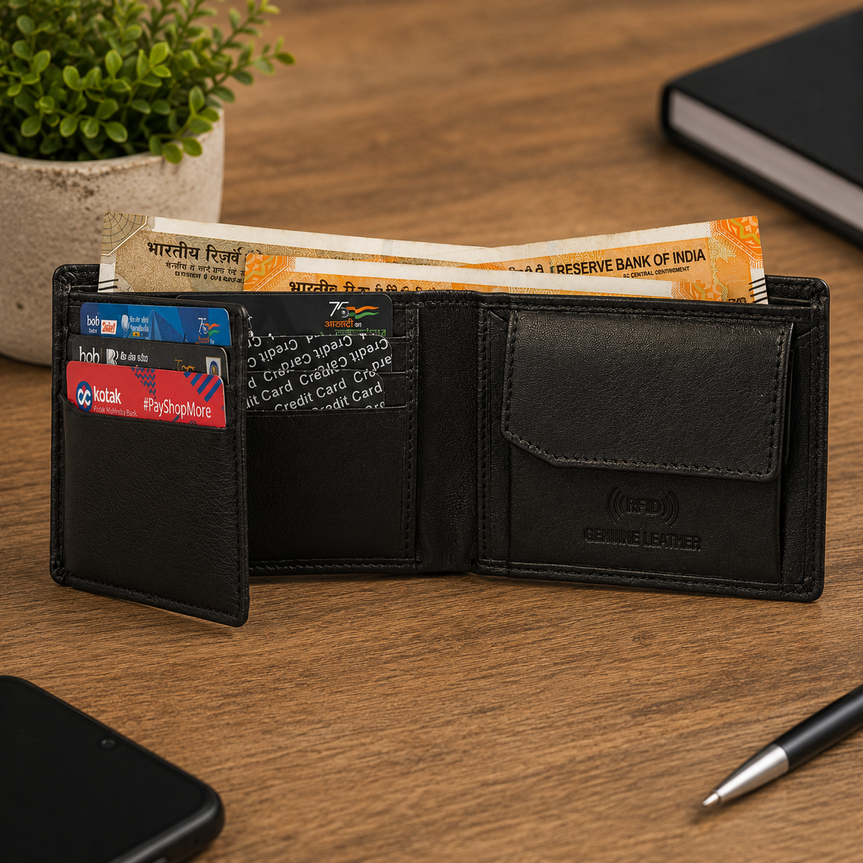 Men’s Genuine Leather Bifold Wallet with RFID Blocking, Coin Pocket, Multiple Card Slots & Large Capacity – Black Leather Wallet for Men