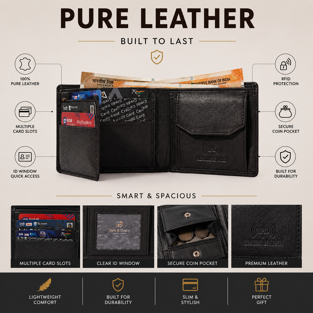 Men’s Genuine Leather Bifold Wallet with RFID Blocking, Coin Pocket, Multiple Card Slots & Large Capacity – Black Leather Wallet for Men