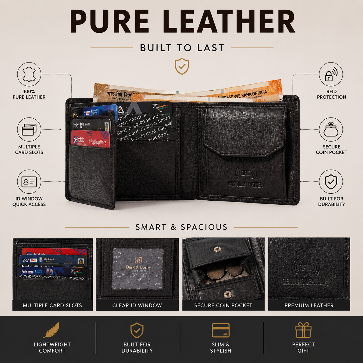 Men’s Genuine Leather Bifold Wallet with RFID Blocking, Coin Pocket, Multiple Card Slots & Large Capacity – Black Leather Wallet for Men