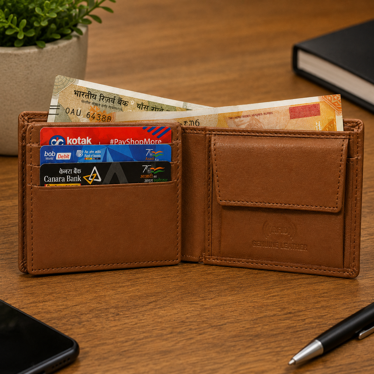 Men’s Genuine Leather Bifold Wallet with RFID Blocking, Coin Pocket & Multiple Card Slots – Brown Leather Wallet for Men