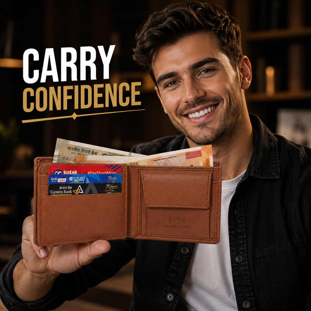 Men’s Genuine Leather Bifold Wallet with RFID Blocking, Coin Pocket & Multiple Card Slots – Brown Leather Wallet for Men