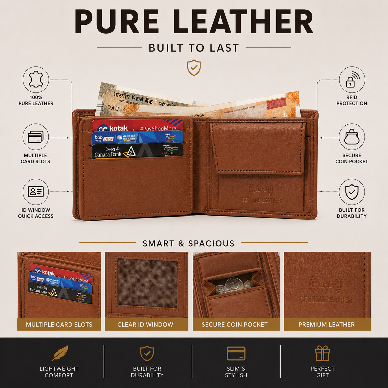 Men’s Genuine Leather Bifold Wallet with RFID Blocking, Coin Pocket & Multiple Card Slots – Brown Leather Wallet for Men